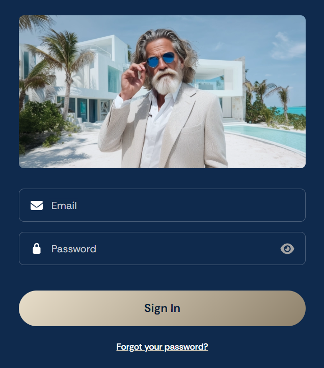 Lucky Meister Anmeldedialog mit E-Mail, Passwort und Sign-In-Button vor dem Villa-Motiv